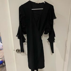 Black wrap dress with ruffles sleeves